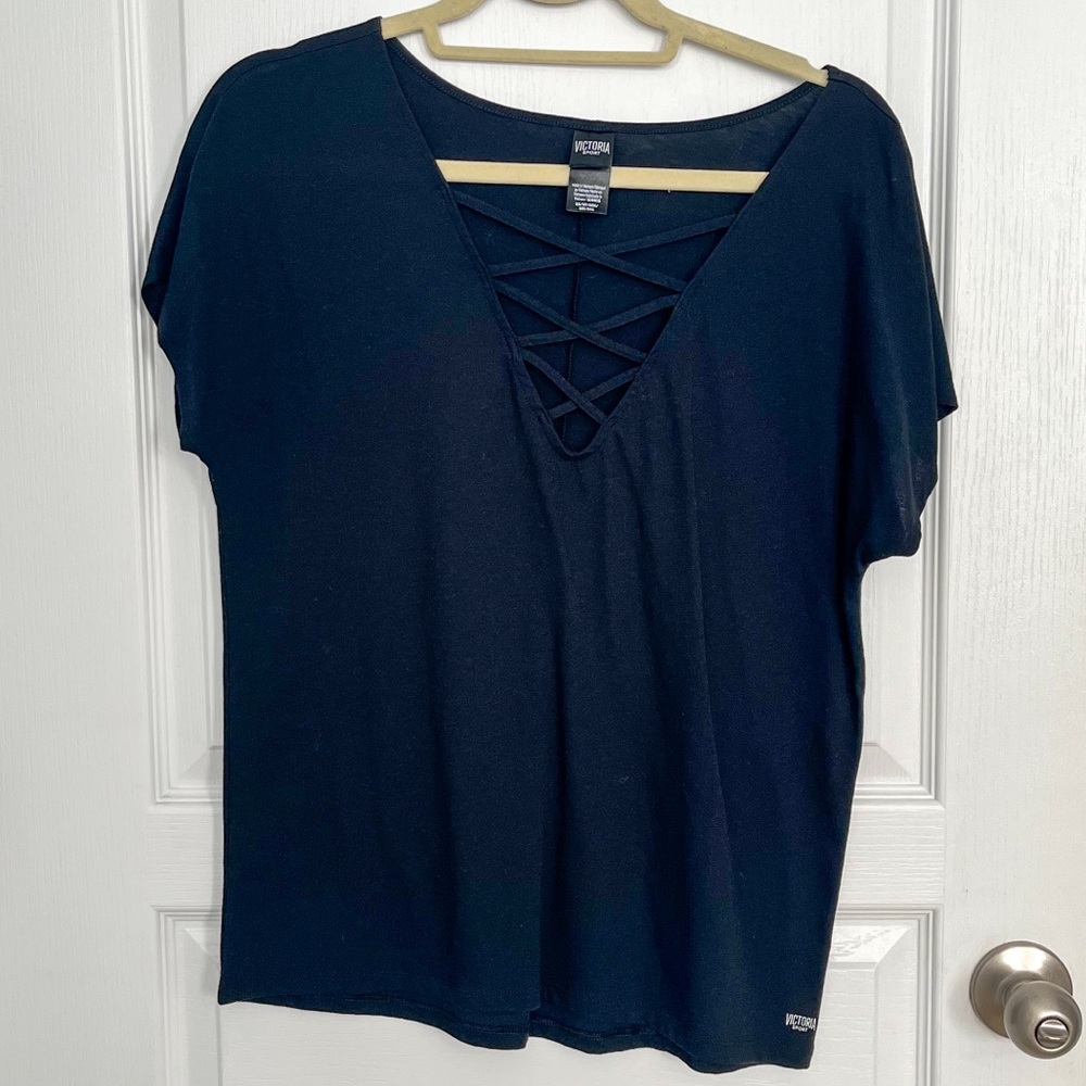 Victoria’s Secret Sport VSX V Neck Criss Cross Strappy Short Sleeve Workout Tee